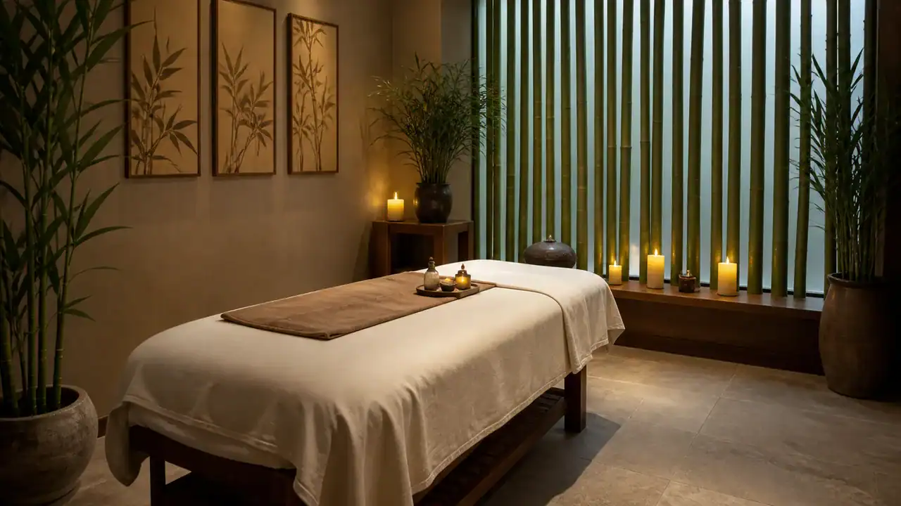 Sala de spa con camilla y velas